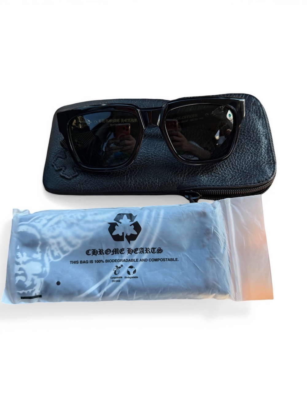 Chrome Hearts Black Square Sunglasses with Black Zip Case
